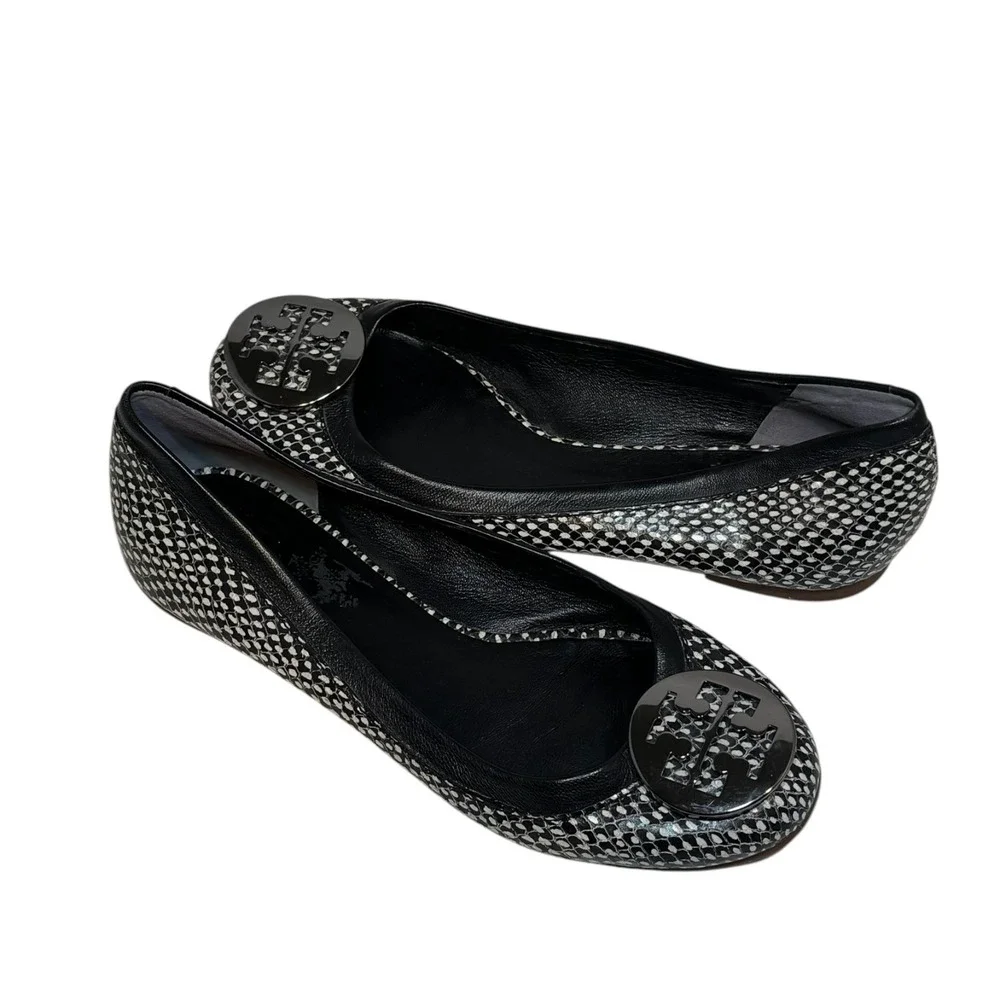 Tory Burch Womens Reva Ballet Flats‎ Black/White Snake Size 7